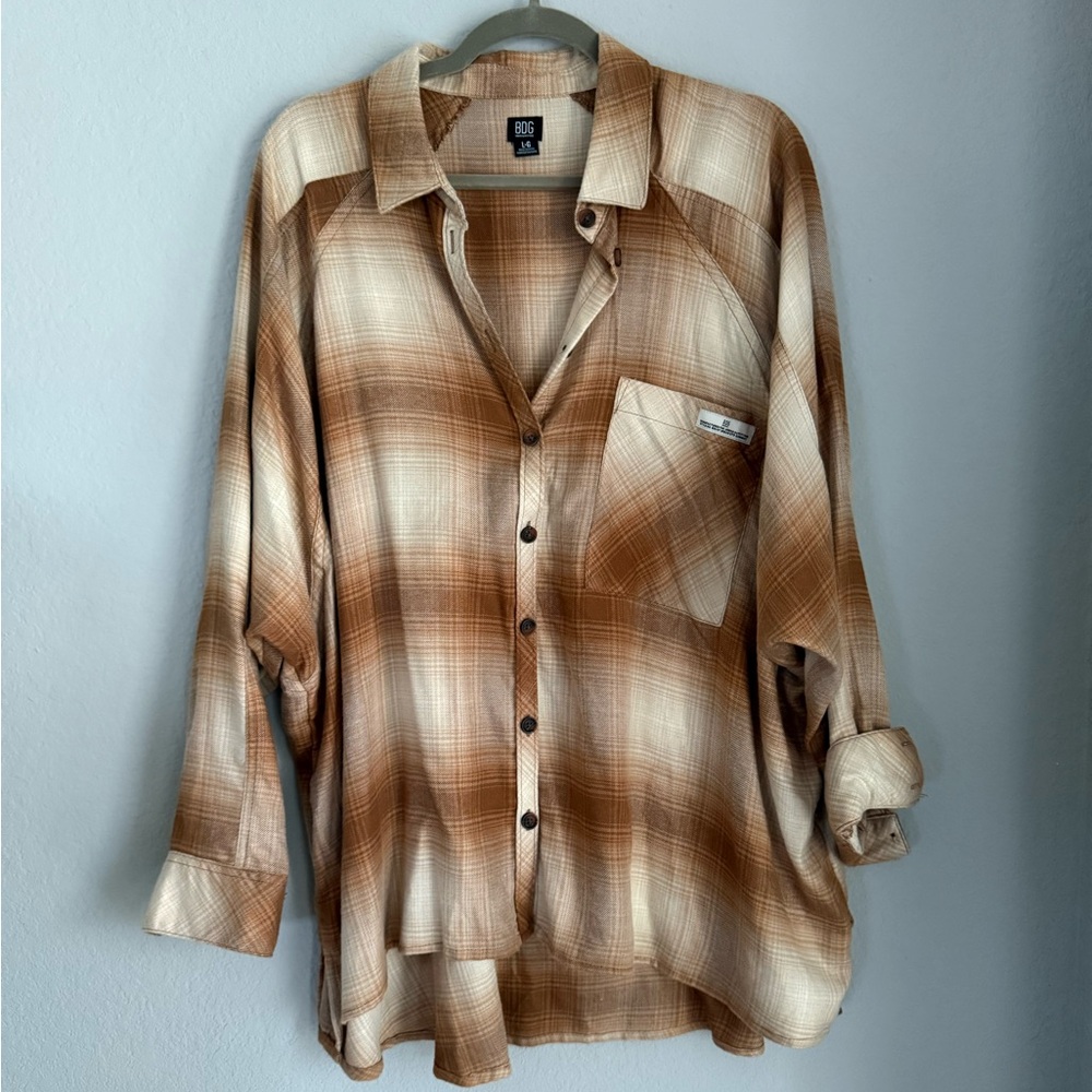BDG Tan and Cream Plaid Button Down Shirt